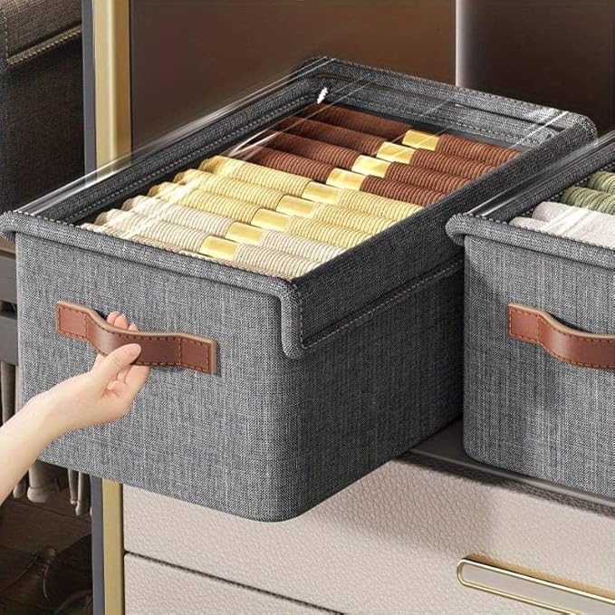 Folding Storage Boxes with Lid, Large Clear Collapsible Stackable Storage Boxes Foldable Fabric Linen Storage Box Cubes, Closet Organizer Baskets with Labels for Home